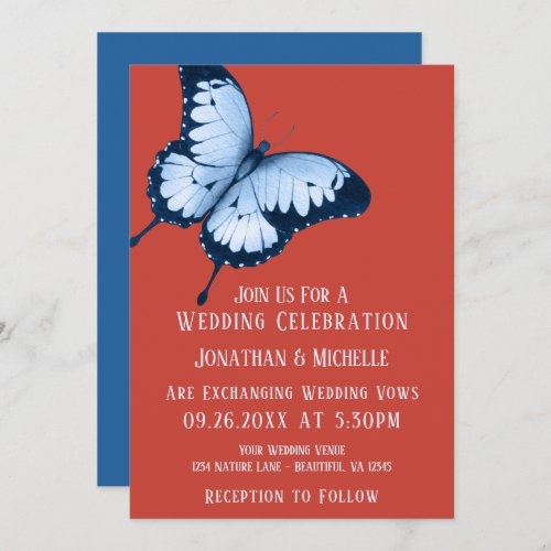 Poinciana Red and Skydiver Blue Butterfly Wedding  Invitation