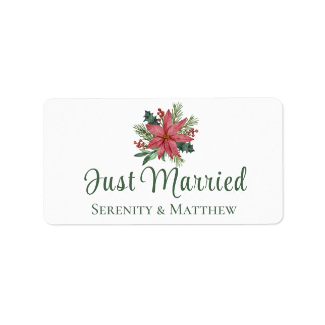 Poinsetia Christmas Floral Just Married Wedding  Label (Front)