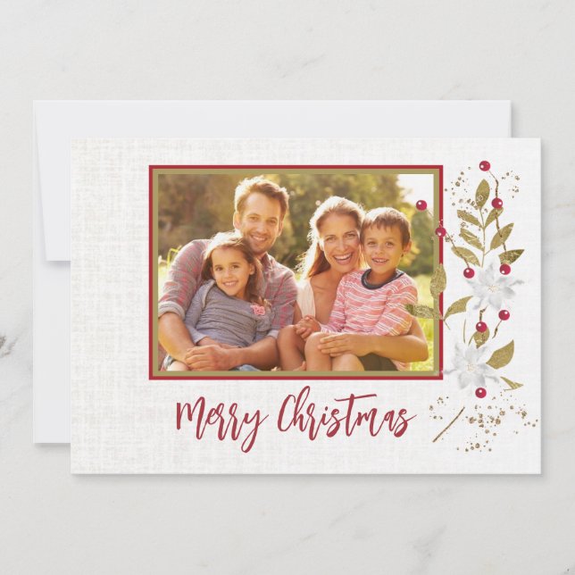 Poinsetta and Red Berry Custom Family Christmas Ca Card (Front)