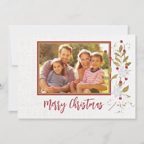 Poinsetta and Red Berry Custom Family Christmas Ca Card