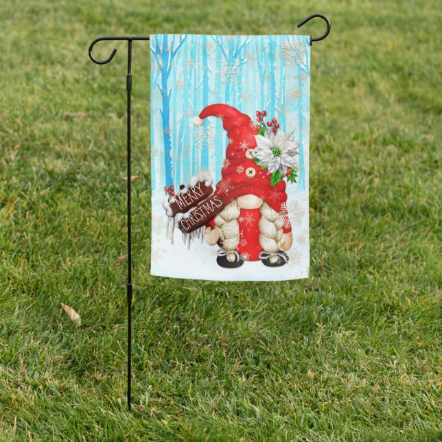 Poinsetta Gnome Couple Merry Christmas Garden Flag (In SItu)