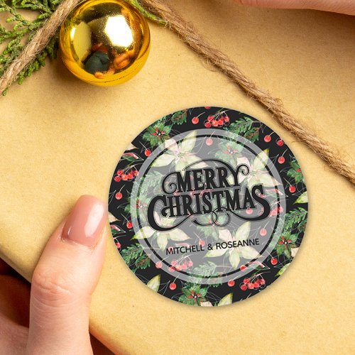Poinsettia and Berries on Black Classic Round Sticker