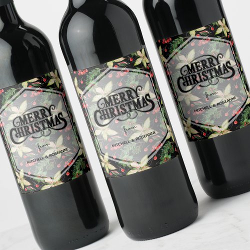 Poinsettia and Berries on Black Wine Label