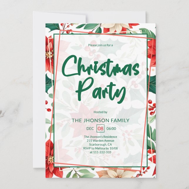 Poinsettia and Berry Pattern Christmas Party Invitation (Front)