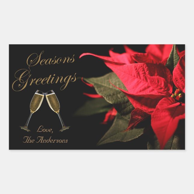 Poinsettia and Champagne Elegant Personalised Rectangular Sticker (Front)