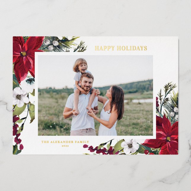Poinsettia and Fir Leaves Happy Holidays Photo Foil Holiday Card (Front)