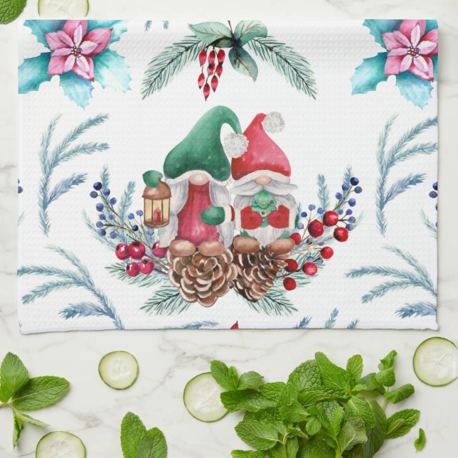 Poinsettia and Gnomes  Kitchen Towel (Folded)