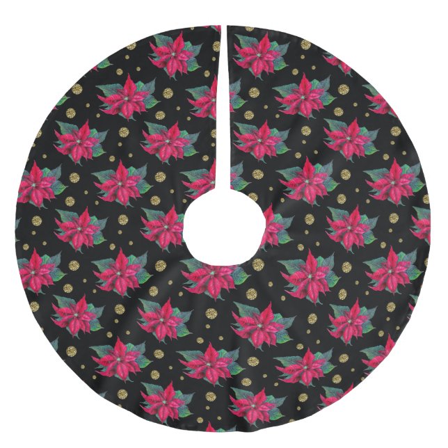 Poinsettia and Gold Circles Pattern Brushed Polyester Tree Skirt (Front)