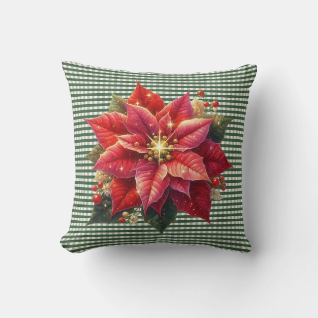 Poinsettia and Green Stripe Christmas Holiday Throw Pillow (Front)