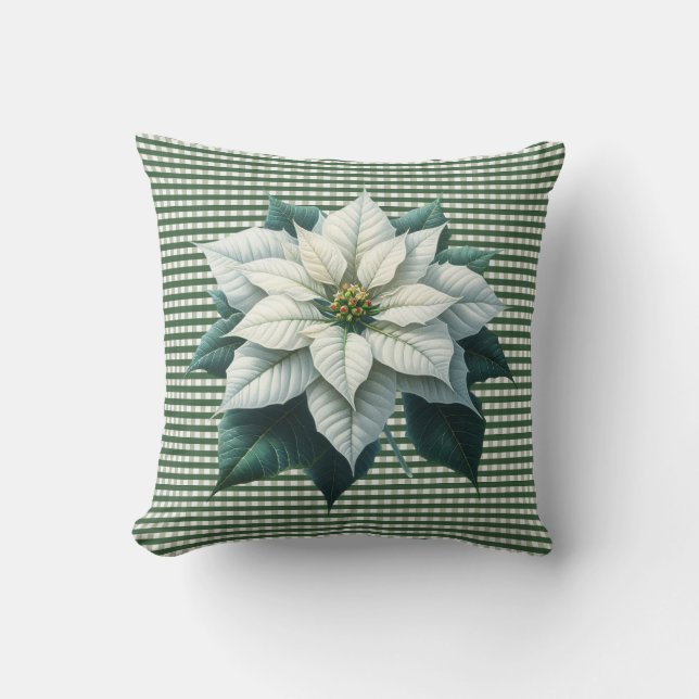Poinsettia and Green Stripe Christmas Holiday Throw Pillow (Front)