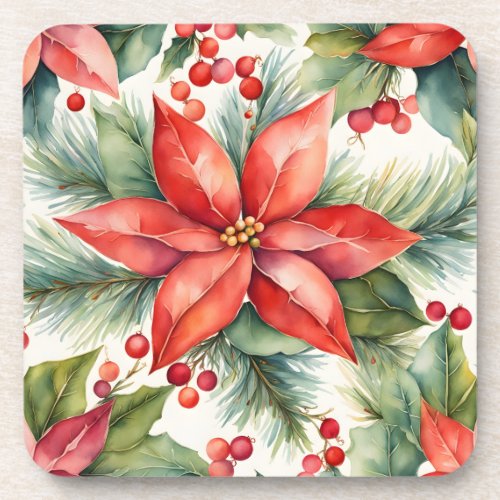 Poinsettia and Holly Berries Christmas  Beverage Coaster