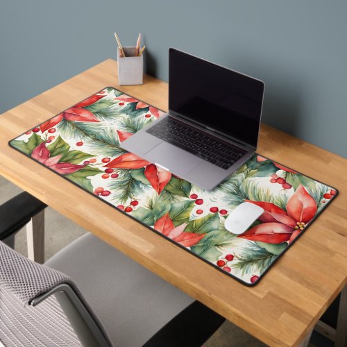 Poinsettia and Holly Berries Christmas  Desk Mat