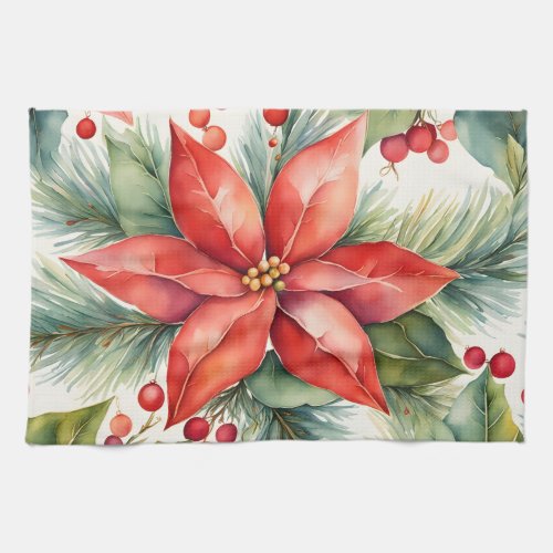 Poinsettia and Holly Berries Christmas  Kitchen Towel