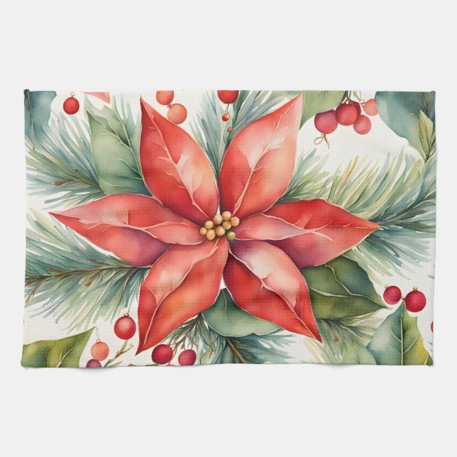 Poinsettia and Holly Berries Christmas  Kitchen Towel (Horizontal)