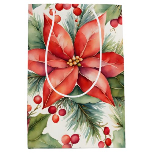 Poinsettia and Holly Berries Christmas  Medium Gift Bag