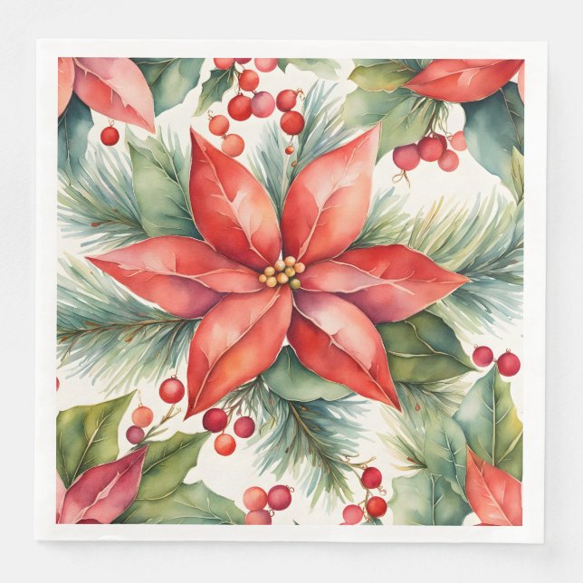Poinsettia and Holly Berries Christmas  Paper Dinner Napkins (Front)