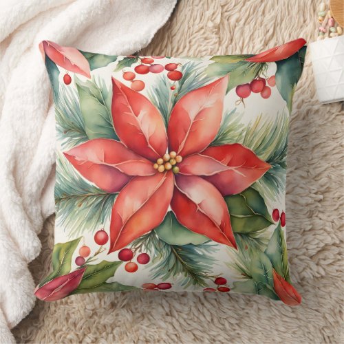 Poinsettia and Holly Berries Christmas  Throw Pillow
