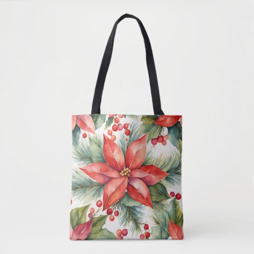 Poinsettia and Holly Berries Christmas  Tote Bag