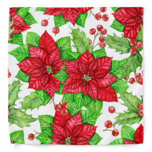 Poinsettia and holly berry watercolor Christmas Bandana