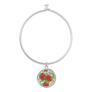 Poinsettia and holly berry watercolor Christmas Bangle Bracelet