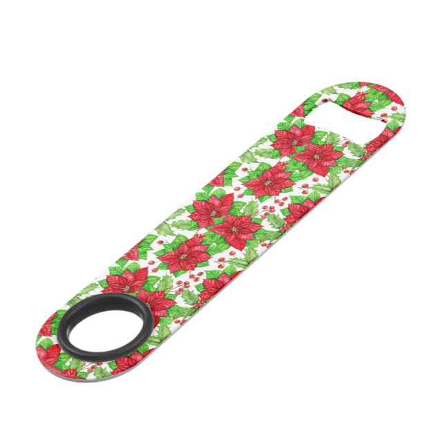 Poinsettia and holly berry watercolor Christmas Bar Key (Front Angled)