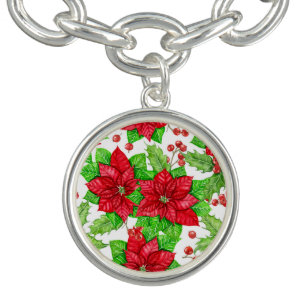 Poinsettia and holly berry watercolor Christmas Bracelet