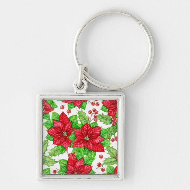 Poinsettia and holly berry watercolor Christmas Keychain (Front)