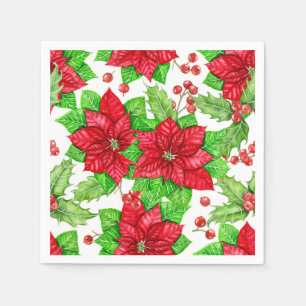 Poinsettia and holly berry watercolor Christmas Napkins