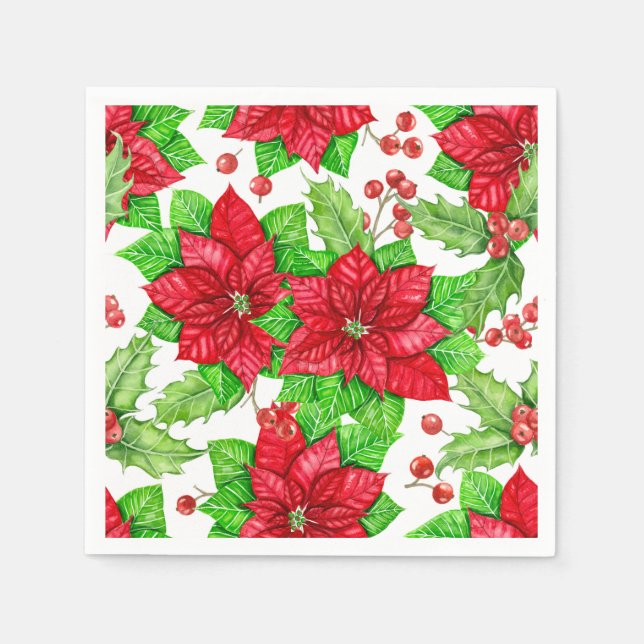 Poinsettia and holly berry watercolor Christmas Napkins (Front)