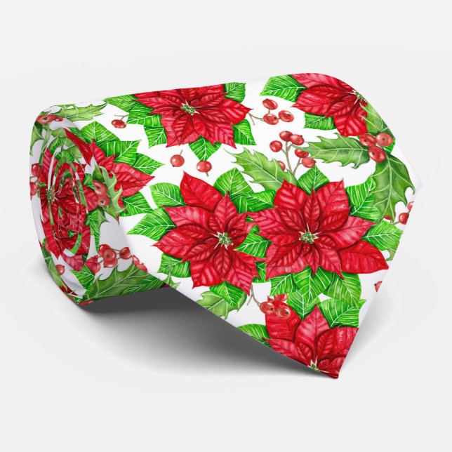 Poinsettia and holly berry watercolor Christmas Neck Tie (Rolled)