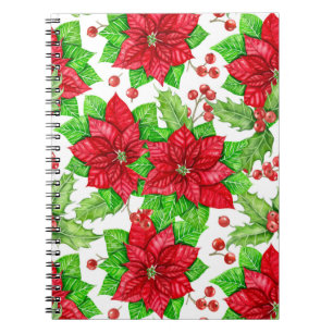 Poinsettia and holly berry watercolor Christmas Notebook