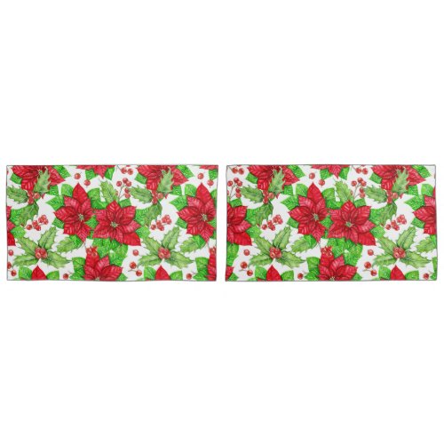 Poinsettia and holly berry watercolor Christmas Pillow Case