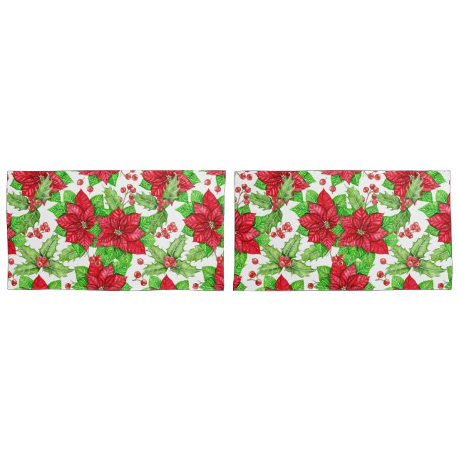 Poinsettia and holly berry watercolor Christmas Pillow Case (Front-Set)