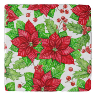 Poinsettia and holly berry watercolor Christmas Trivet