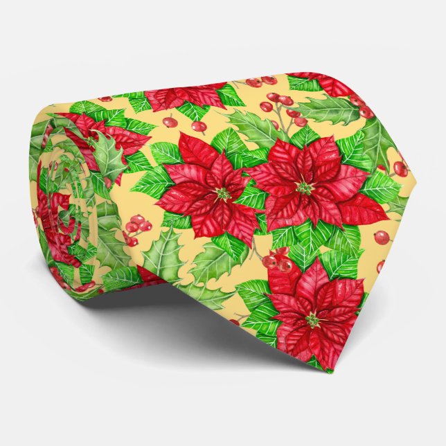 Poinsettia and holly berry watercolor neck tie (Rolled)