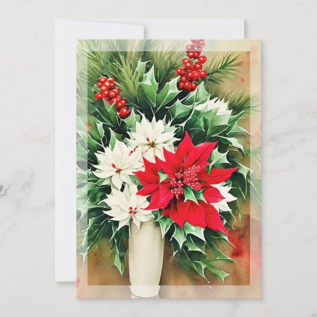 Poinsettia and holly bouquet budget Christmas Holiday Card (Front)