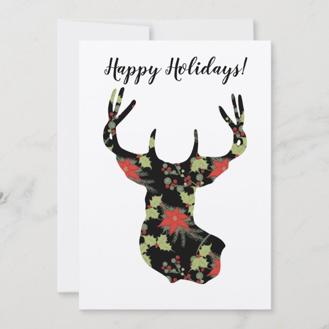 Poinsettia and Holly Deer Head Rustic Card (Front)