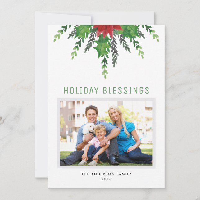 Poinsettia and Holly | Photo Christmas Card (Front)