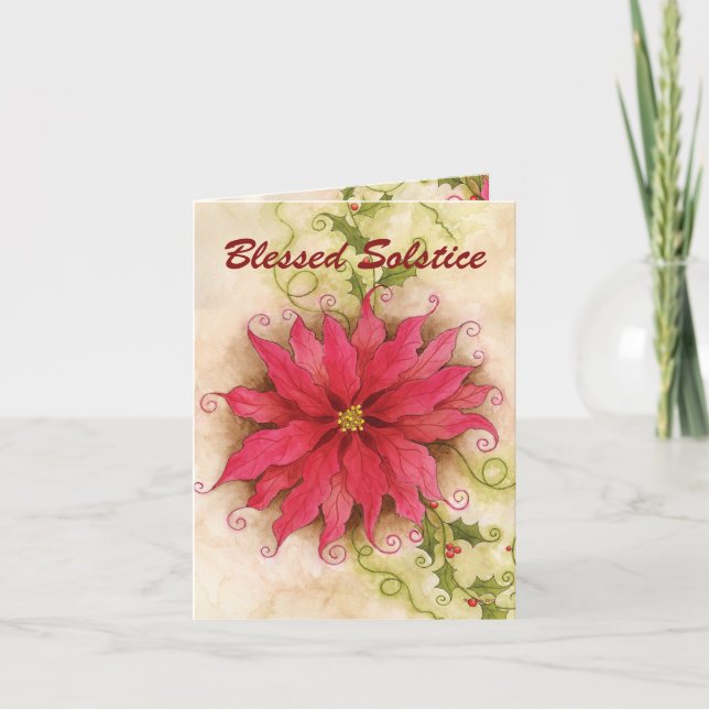 Poinsettia and Holly Solstice Card (Front)