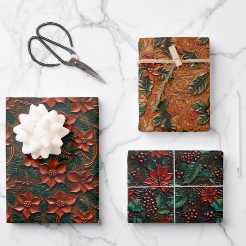 Poinsettia and Holly Tooled Leather Look Assorted Wrapping Paper Sheets