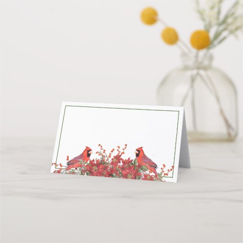 Poinsettia and holly with Cardinals Christmas Place Card