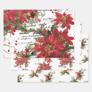 Poinsettia and holly wrapping paper sheets