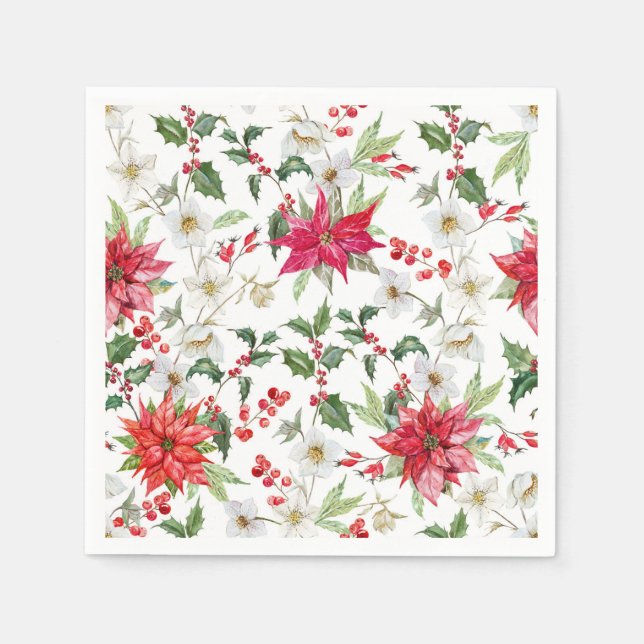 Poinsettia and Paperwhite Christmas Floral Pattern Napkins (Front)