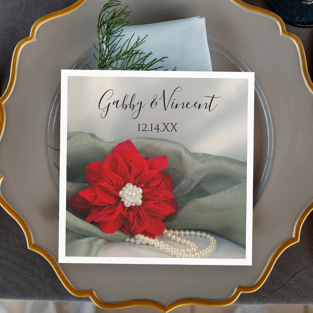 Poinsettia and Pearls on Green Winter Wedding Napkins (Set a festive table with the elegant Poinsettia and Pearls Winter Wedding Paper Napkin.)