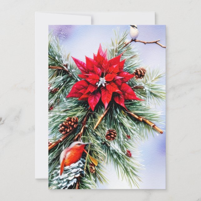 Poinsettia and pine budget Christmas Holiday Card (Front)