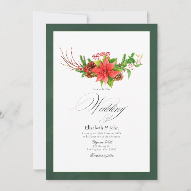 Poinsettia and Pine Christmas Wedding Charm Invitation (Front)