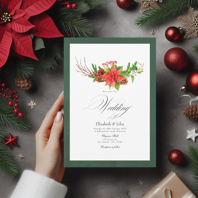 Poinsettia and Pine Christmas Wedding Charm Invitation (Poinsettia and Pine Christmas Wedding Charm Invitation)