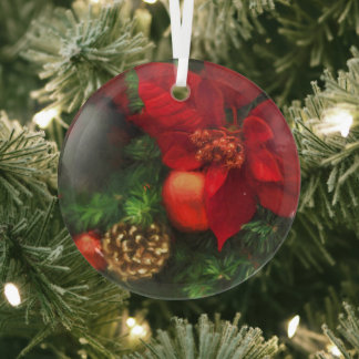 Poinsettia and Pine Cone Glass Ornament