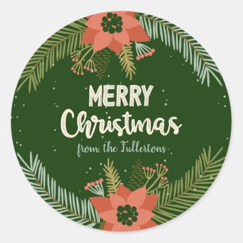 Poinsettia and Pine Holiday Gift Classic Round Sticker