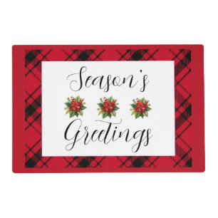 Poinsettia and Plaid Christmas Placemat W/Red Back
